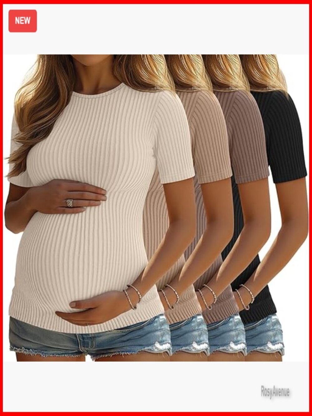 4 Pack Maternity Ribbed Knit Tees Crew Neck Short Sleeve Pregnancy Tops